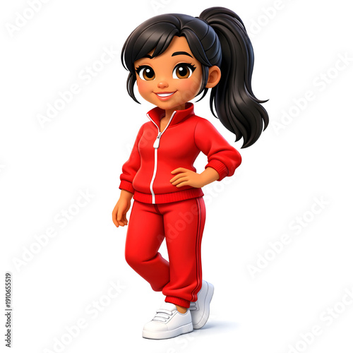 Sweet Girl With Ponytail Wearing Bright Red Tracksuit And White Sneakers