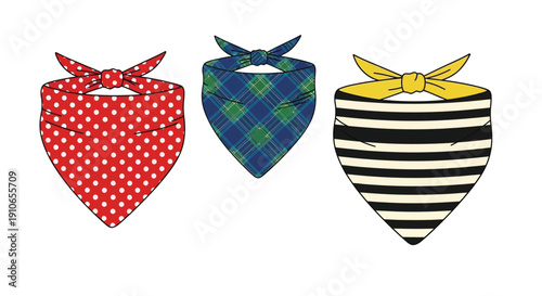 Three colorful bandanas with different patterns displayed in a row