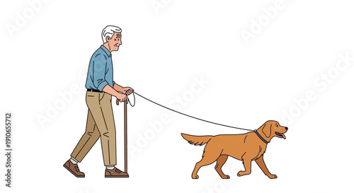 An elderly man walks a golden retriever on a leash outdoors