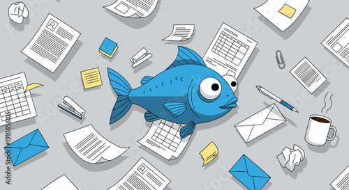 A cartoon blue fish with big eyes swims amidst scattered papers.
