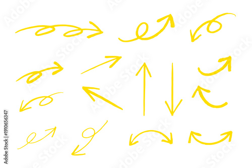 シンプルな手書きの矢印セット 筆　黄　ベクター