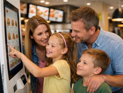 Happy family using self-service kiosk to order food at fast food restaurant with smiling kids and digital menu screen