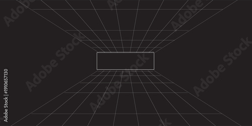 Futuristic perspective grid box. Abstract wireframe with white grid line on black background. Virtual reality landscape in 80s 90s digital style. Vector