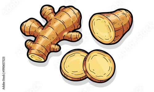 Ginger Root Whole and Sliced Pieces Doodle Style Illustration