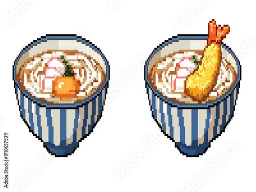 日本のうどんドット絵アイコンセット（海老天うどん・月見うどん）:Japanese Udon Noodle Pixel Art Icon Set (Shrimp Tempura and Tsukimi Udon)