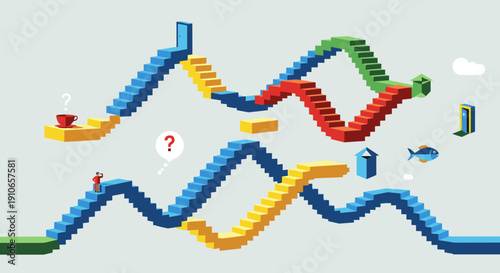 Colorful Abstract Staircase Maze with Question Mark.