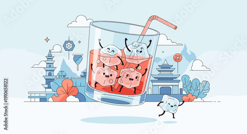 Cute Kawaii Drink with Happy Ice Cubes Floating.