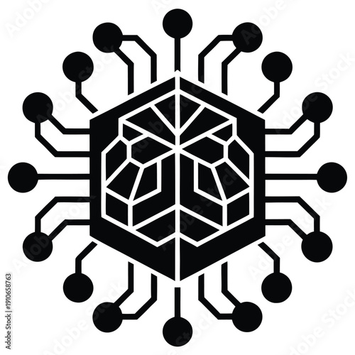 Blockchain data flow with glowing AI brain core, abstract technology background