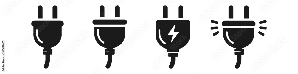 Obraz premium Set of four black electrical plugs with different icons and effects on white background
