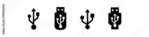 Collection of USB connection icons and flash drive symbols for technology and data transfer