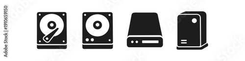 Collection of hard drive and storage device icons on a white background