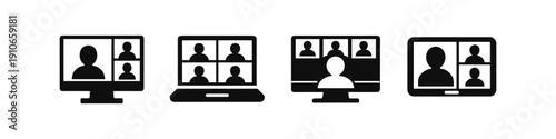Icons representing video conferencing on different devices like desktop, laptop, and tablet