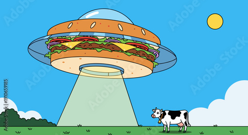 Giant hamburger spaceship abducting a cow with a light beam.