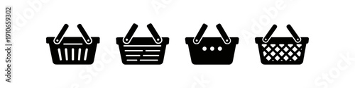 Collection of four black shopping basket icons with different designs and handles