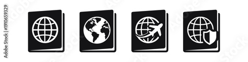 Set of four passport icons with globe, airplane, and shield symbols for travel and security
