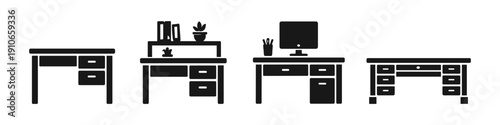 Collection of four distinct desk icons with drawers and computer, representing office furniture