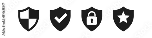 Collection of four shield icons representing security, protection, and trust