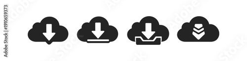 Collection of four black cloud download icons on a white background