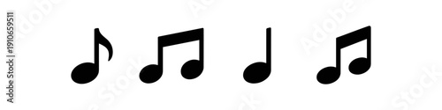 Set of black musical notes on a white background, representing rhythm and melody