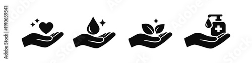 Set of four black icons showing hands holding symbols of care, health, and nature