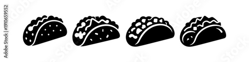 Collection of four stylized black taco icons with different fillings and toppings