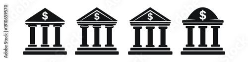 Collection of stylized bank building icons with dollar signs on white background