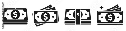 Collection of stylized black and white icons representing stacks of money and dollar bills