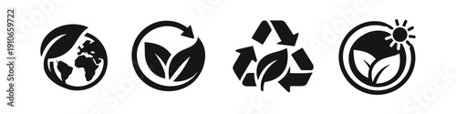 Collection of eco-friendly and sustainability icons representing nature and recycling
