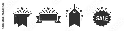 Collection of sale and celebration icons with stars and confetti
