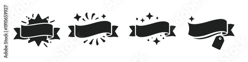 Collection of four black ribbon banners with decorative elements and a tag