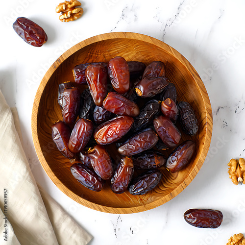 Medjool dates in wooden bowl with walnuts