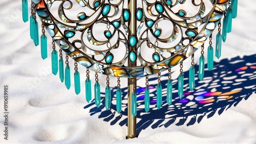 Ornate Chandelier in Sand with Colorful Crystals