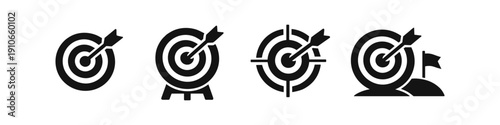 Collection of four black target icons with arrows hitting the bullseye and a flag on a hill