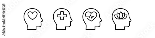Set of icons representing mental health, wellness, and self-care concepts in human heads