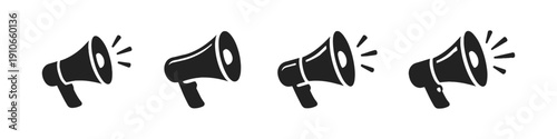 Set of four black megaphone icons with sound waves on a white background