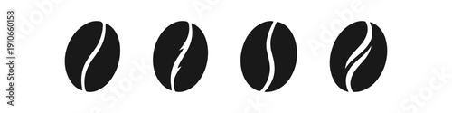 Four stylized black coffee beans with a white split on a white background