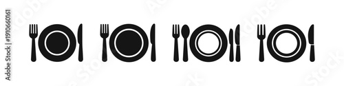 Set table icons: fork, knife, spoon, and plate arrangements for dining