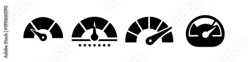 Set of four black speedometers and gauges icons on a white background