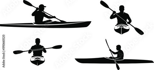 Black silhouette kayaker set in multiple angles isolated on white background, canoeing and kayaking sport vector illustration collection for outdoor adventure design