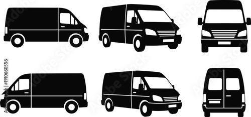 Cargo delivery van silhouette set with side, front, rear and perspective views isolated on white background for commercial transport design
