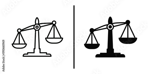 Justice Scales Icon Vector Line Art and Silhouette for Law and Legal System.