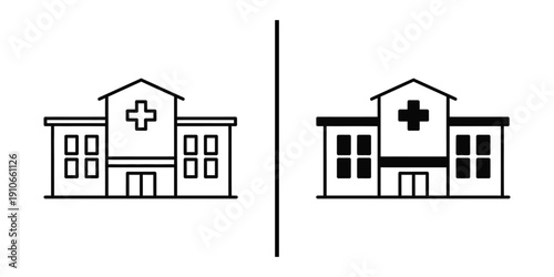 Hospital Building Icon Vector Line Art and Silhouette for Healthcare and Medical.