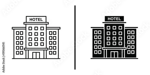 Hotel Building Icon Vector Line Art and Silhouette for Travel and Tourism Design.