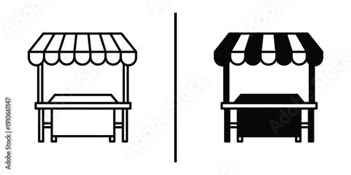 Street Market Stall Stand Icon Vector Line Art and Silhouette for Food and Trade.