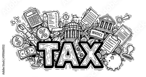 Intricate tax doodle with calculator, coins, and documents