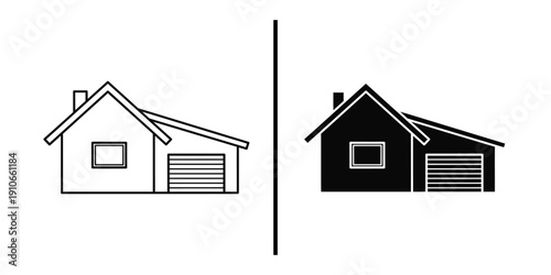 Modern House with Attached Garage Icon Vector Line Art and Silhouette.