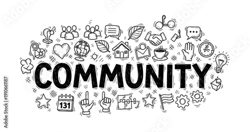 Community concept with hand-drawn icons: social, interaction, support, unity, connection