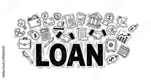Sketch style illustration of financial loan concepts with handshake and money icons