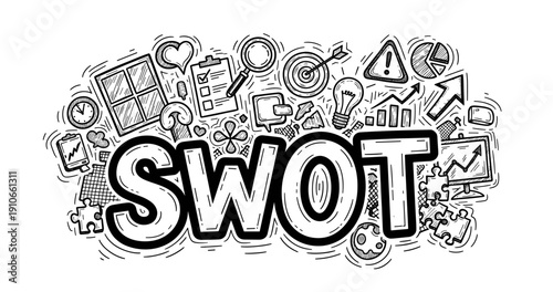Hand-drawn swot analysis doodle illustration with business icons