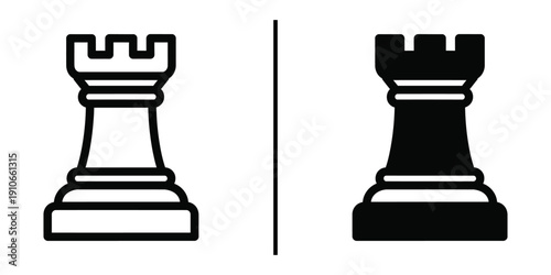 Chess Rook Piece Icon Vector Line Art and Silhouette for Strategy and Defense.